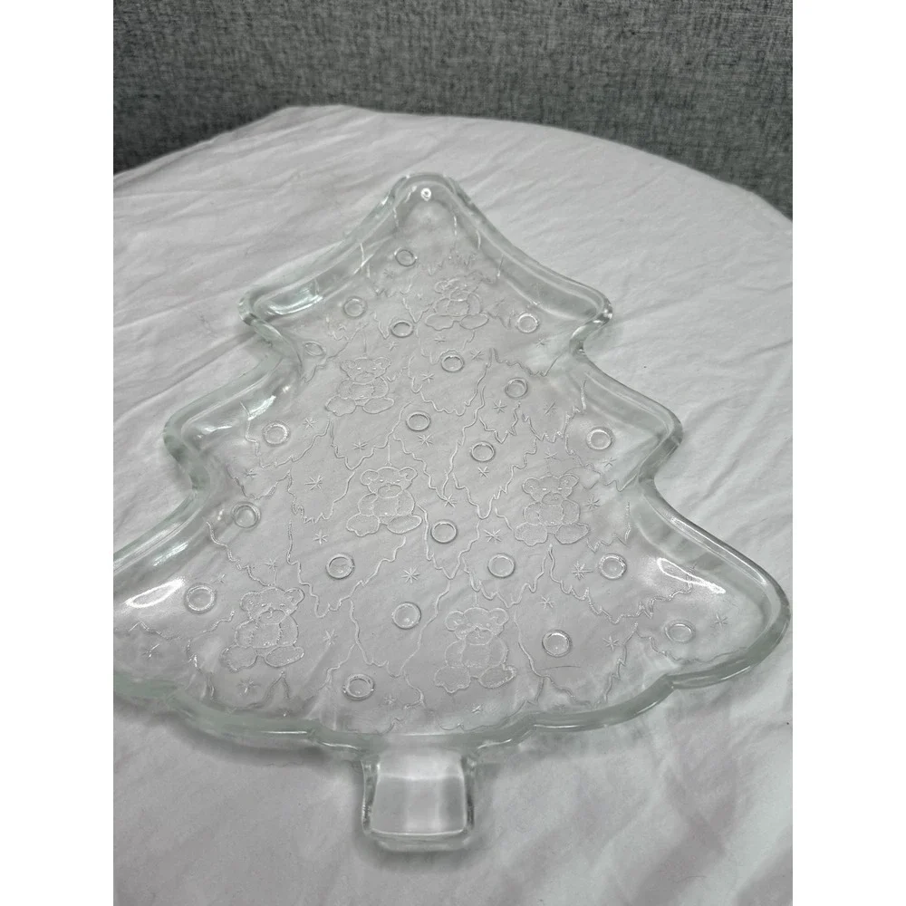 Vintage CHRISTMAS‎ TREE CRYSTAL Glass Serving Dish TEDDY BEAR 12